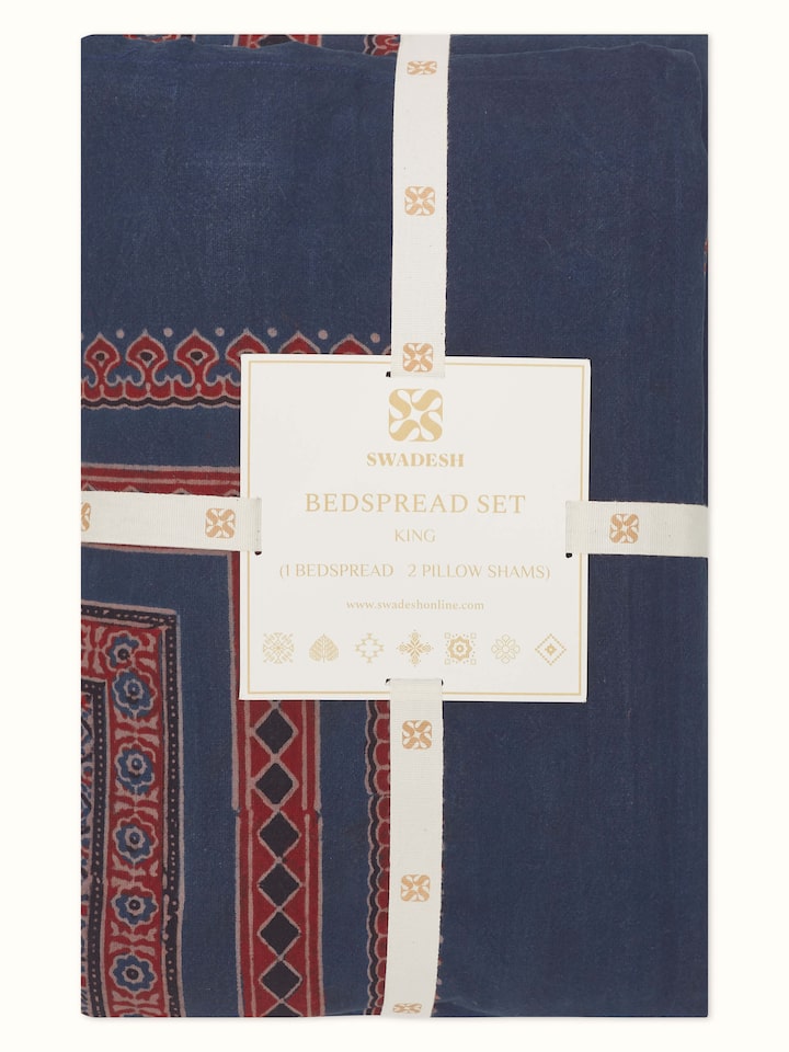 Full view of Sindh blue jaal cotton ajrakh block printed king bedspread set laid out, demonstrating the overall design and size