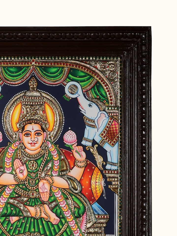 Detail view of the Gaja Lakshmi Thanjavur Painting