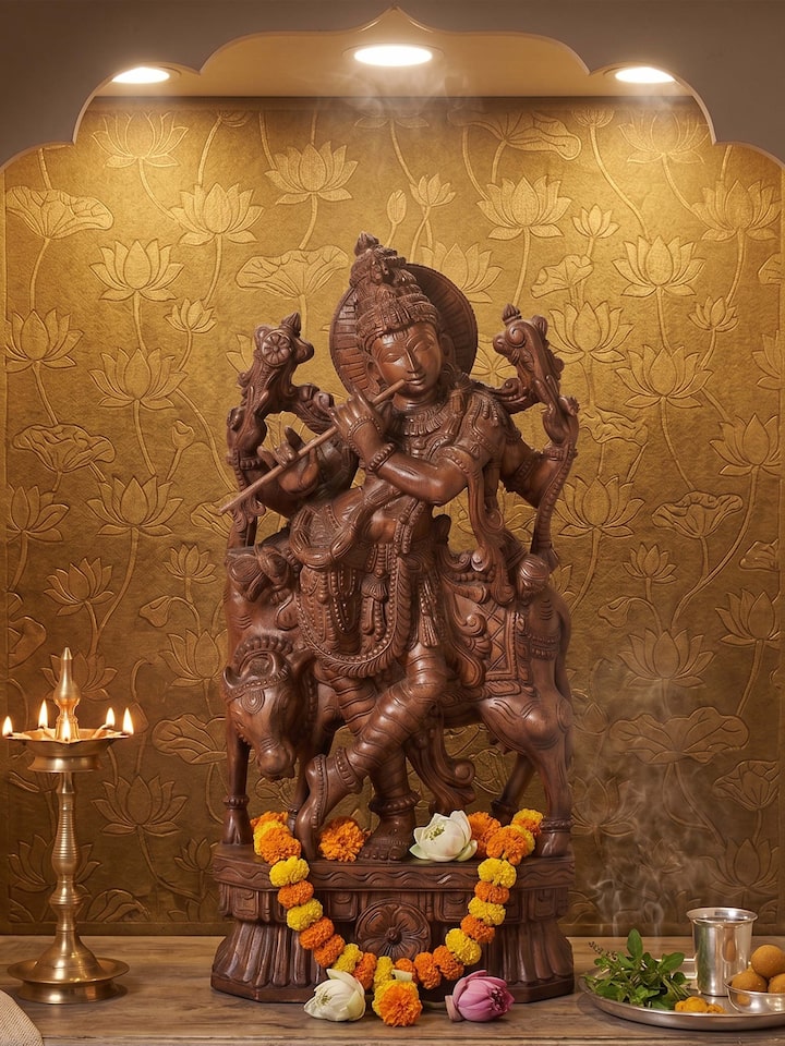 Ananta Mara Silai Carved Vaagai Wood Krishna with Flute Idol