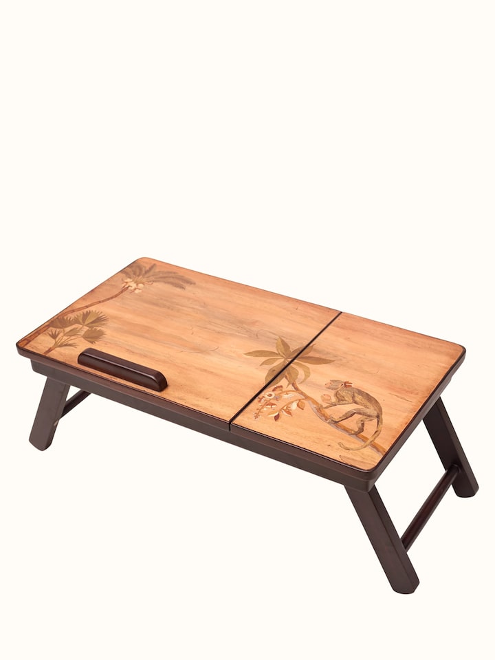 Angled view of the Marquetry Teak Wood Laptop Table