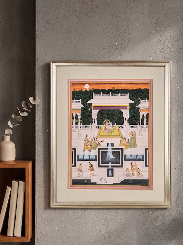 Styled view of Radha Krishna with Gopis Miniature Painting displayed against a styled backdrop