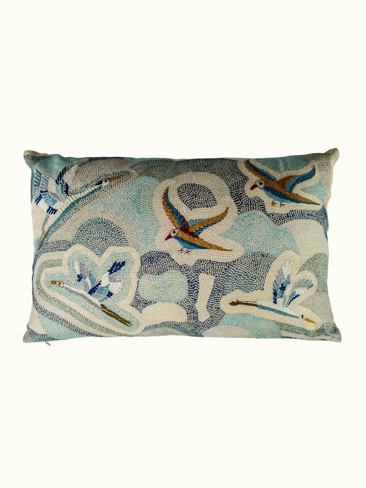 Front view of the Swadesh Bageecha Hand Embroidery Kantha Flying Bird Cushion Cover