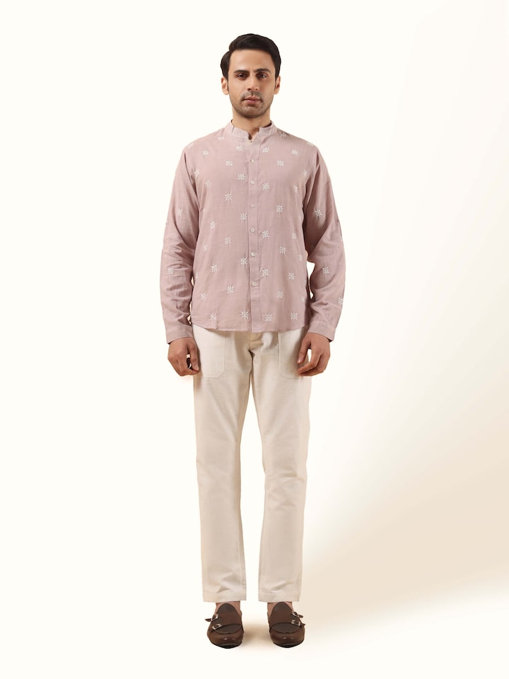 Front view of Grey Cotton Chikankari Shirt showcasing its traditional craftsmanship and design