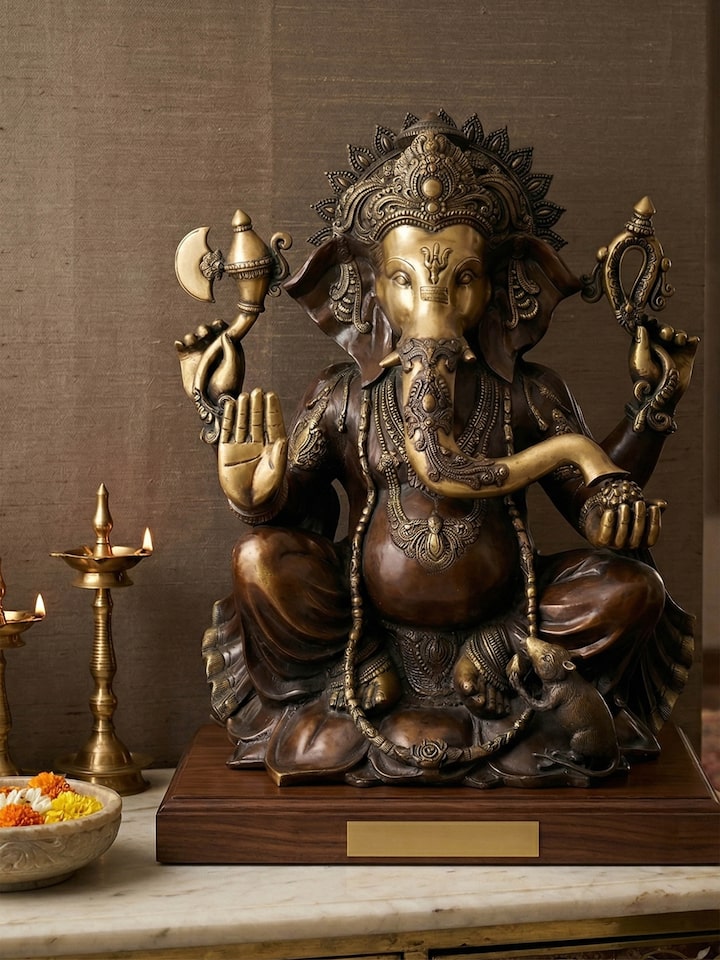 Left-side view of the Brass Ganesha Sitting Lotus Idol