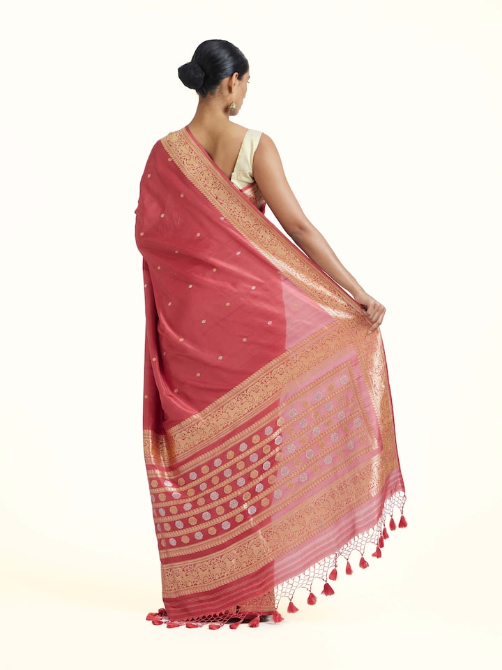 Back view of Pink Ashavali Brocade Silk Saree emphasizing the overall design and fine details