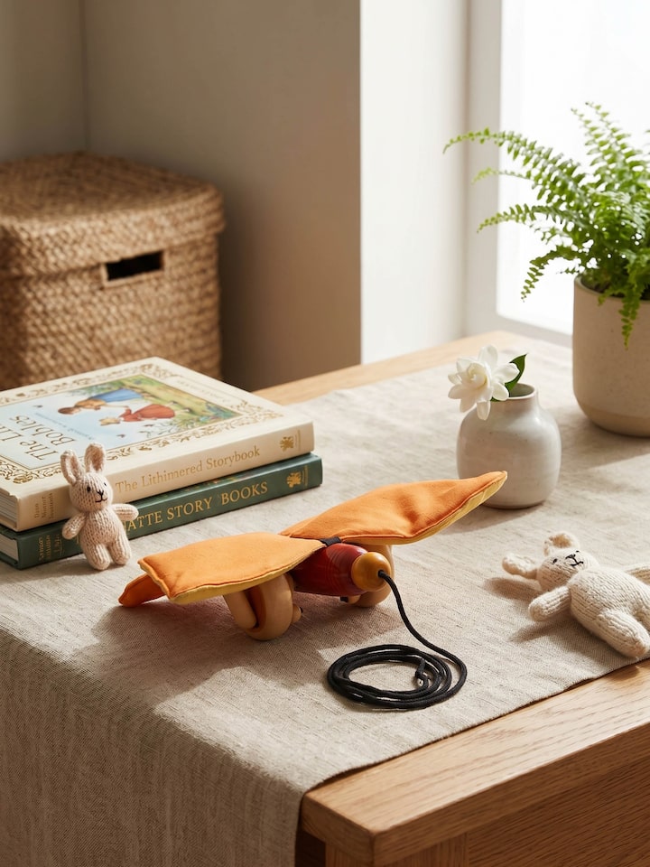 Styled view of Channapatna Wooden Thithli Toy styled in a home setting