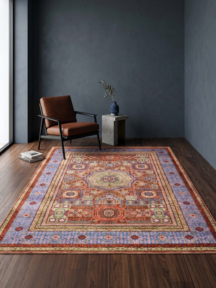 Styled view of Traditional Persian Mamluk Rust Bhadohi Wool & Bamboo Silk Hand Knotted Rug styled in a room setting