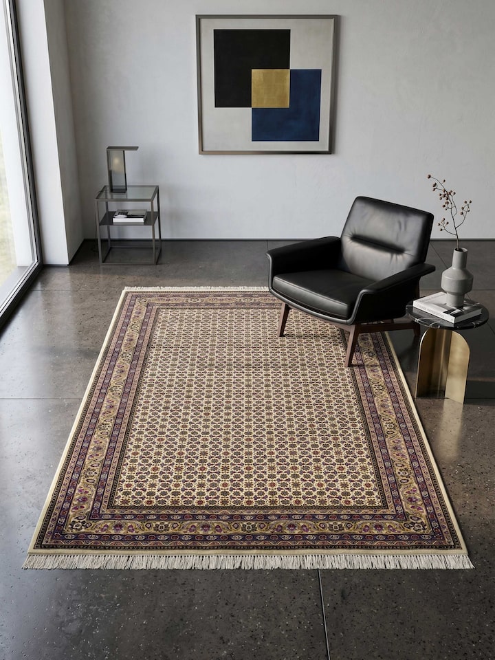 Styled view of Traditional Persian Herati Beige Bhadohi Wool Hand Knotted Rug styled in a room setting, from a different angle