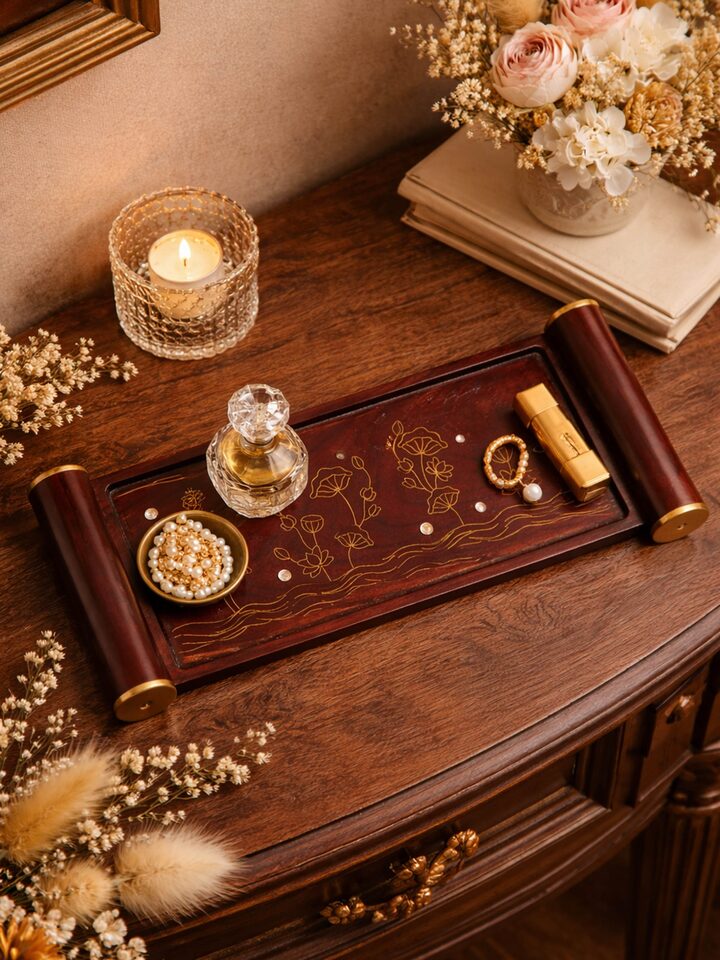 Side view of the Kamal Tarkashi Teak Wood Tray Small