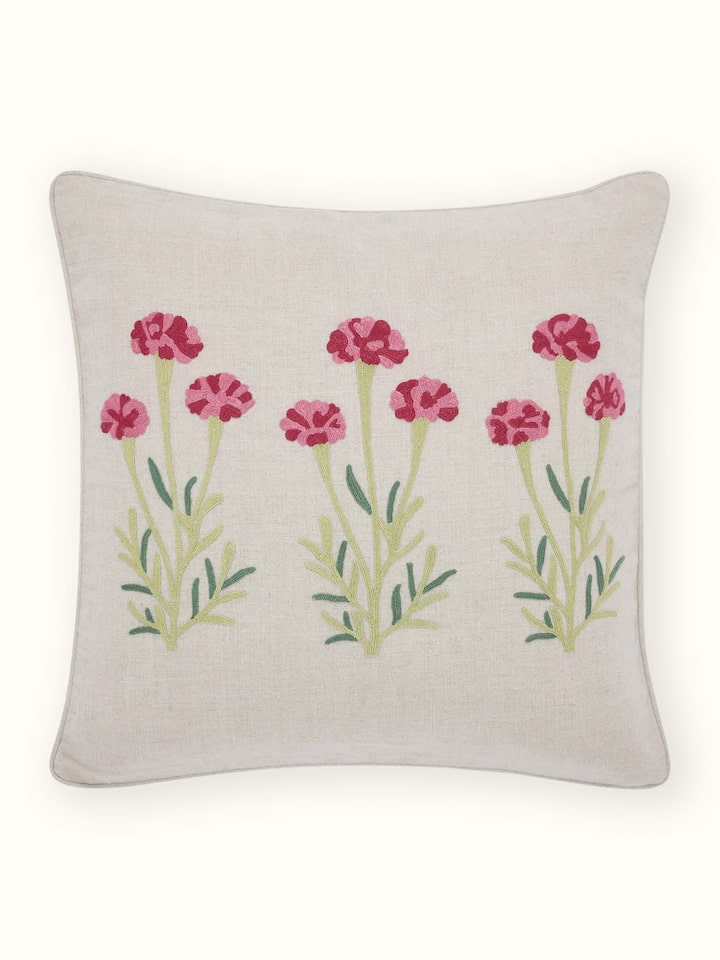 Mughal Miniature Magenta Linen Kashmir Chain Stitch Hand Embroidery Cushion Cover