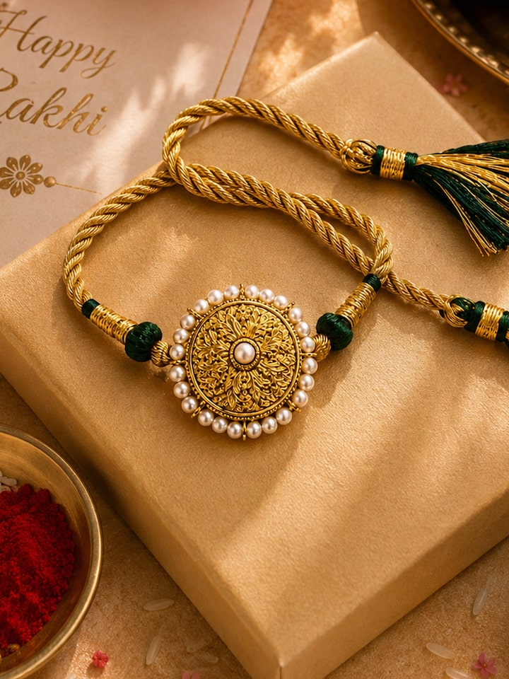 Styled view of Silversmithing Rakhi displayed, showing how it looks styled