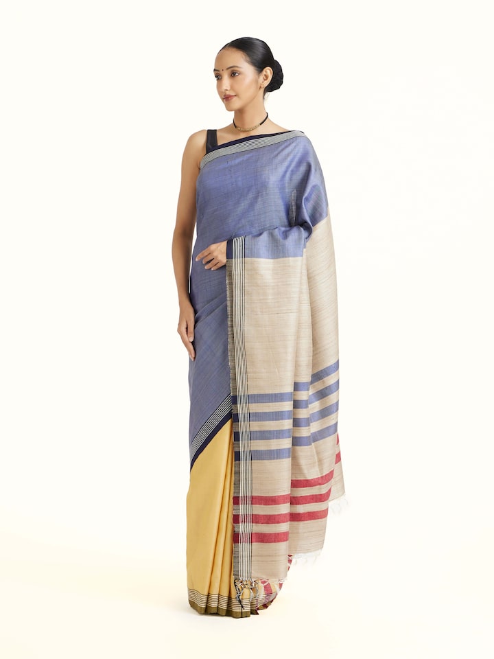 Angled view of the Blue Tussar Silk Handloom Saree