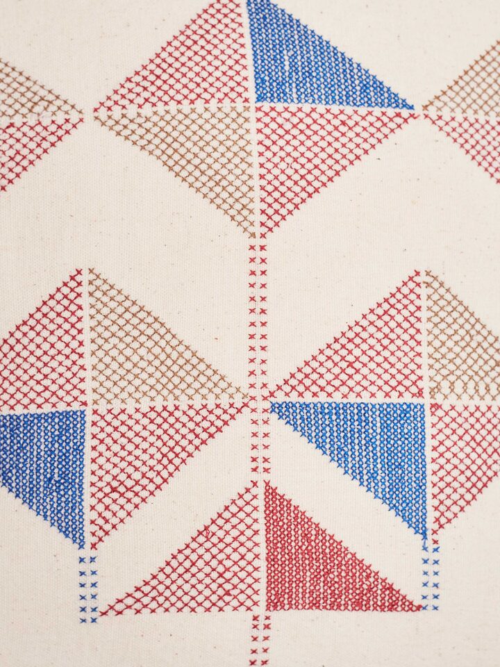 Close-up of Kutch Jat hand embroidery on cotton cushion cover