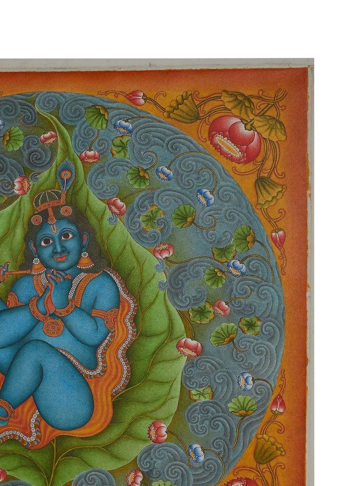 Detail view of Baby Krishna Kerala Mural Painting highlighting the intricate linework and detail, from a different angle