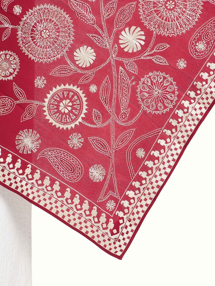 Detailed view of Crimson Aari Hand Embroidered Stole focusing on the fine craftsmanship and texture