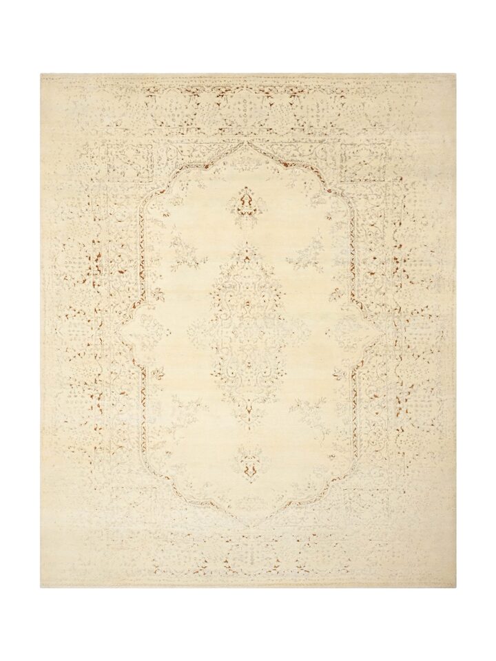 Front view of Transitional Persian Ivory Bhadohi Wool & Bamboo Silk Hand Knotted Rug showing the full rug and pattern layout