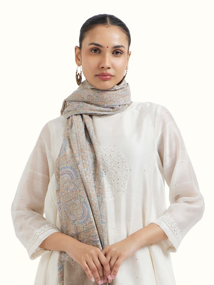 Close-up view of Brown Sozni Hand Embroidered Stole highlighting the embroidered motif