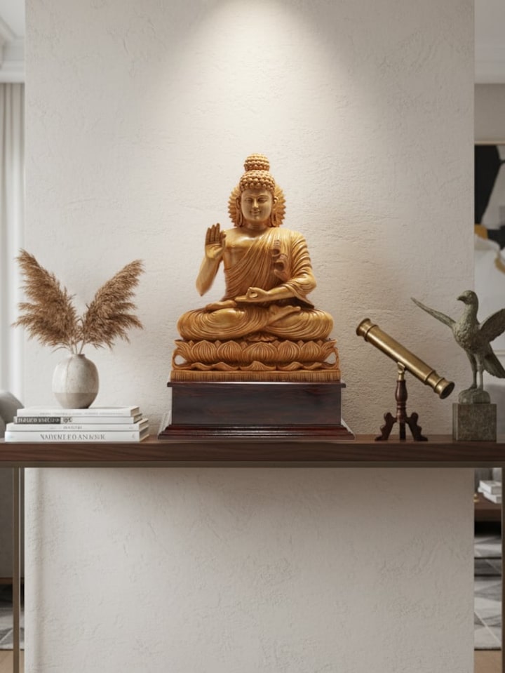 Lifestyle view of Mudra Carved Shivani Wood Buddha Idol