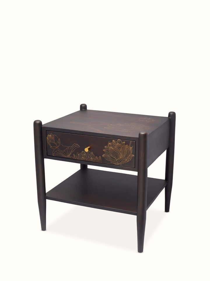 Angled view of Sheesham Wood & Brass Tarkashi Bedside Table highlighting detailed craftsmanship