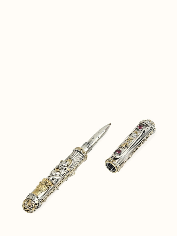 Close-up view of Nakash Silver Ganesha Pen highlighting the stone setting and metalwork detail, from a different angle