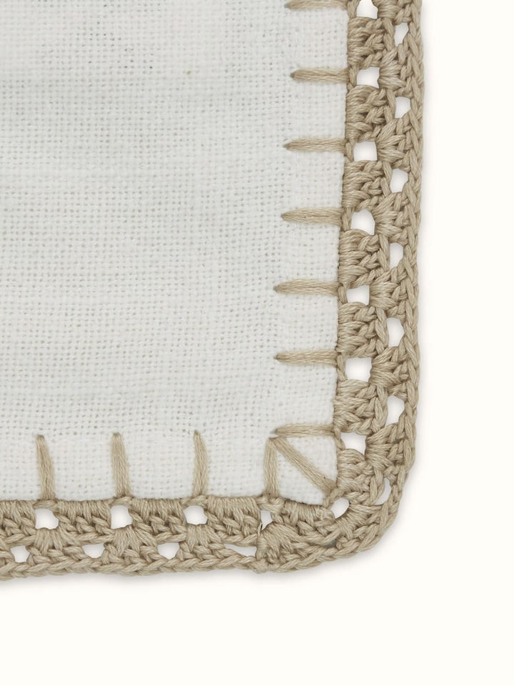 Detail view of Nityam Ivory Cotton Slub Crochet Coaster (6 Pcs) highlighting the fabric texture and embroidery detail