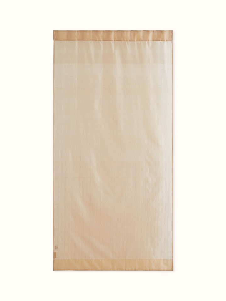 Front view of beige Maheshwari sheer curtain with metallic stripes in silk cotton blend, 7 ft length.