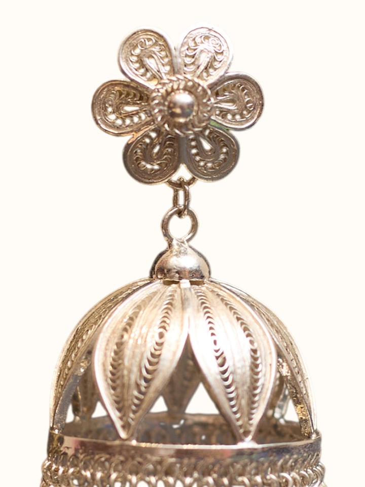Detail view of Silver Smithing Jhumkas highlighting the stone setting and metalwork detail