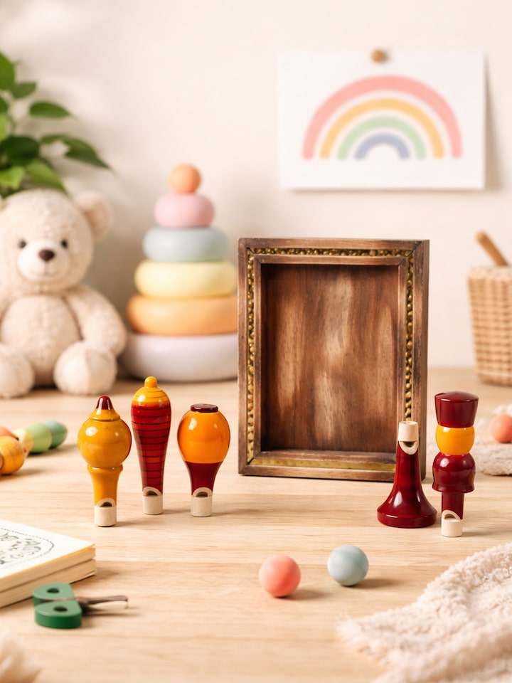 lifestyle view of channapatna wooden whistles set of 5 with colorful finish
