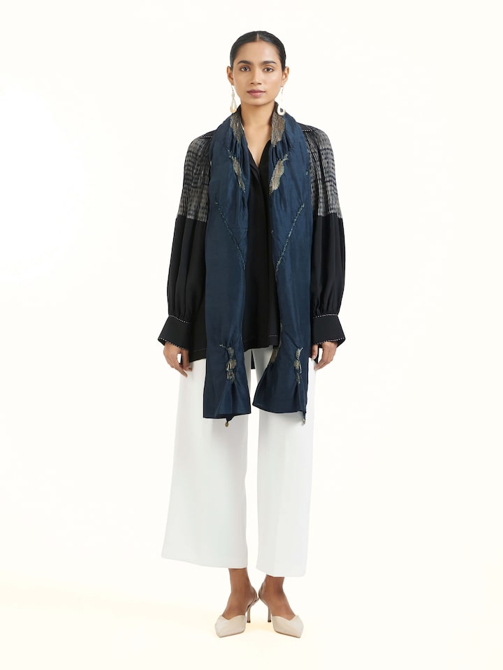 Front view of Whiskey Blue Tie & Dye Shibori Stole showcasing its traditional craftsmanship and design