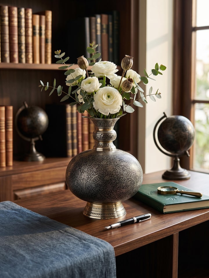 Styled view of Brassware Table Vase styled in a home setting