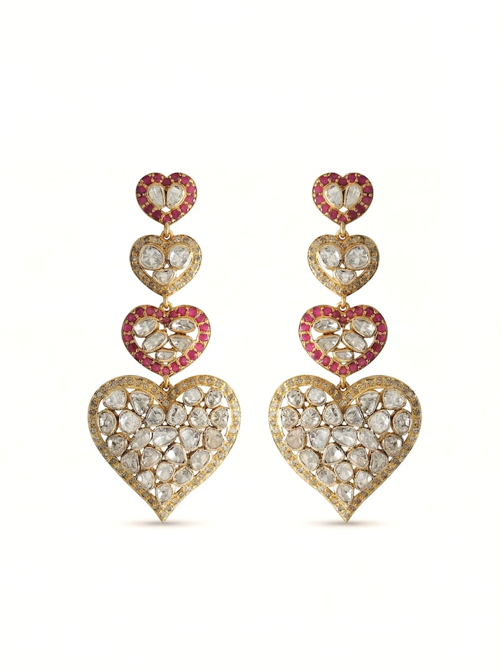 Front view of Dank Polki 14 Karat Gold Drop Earrings