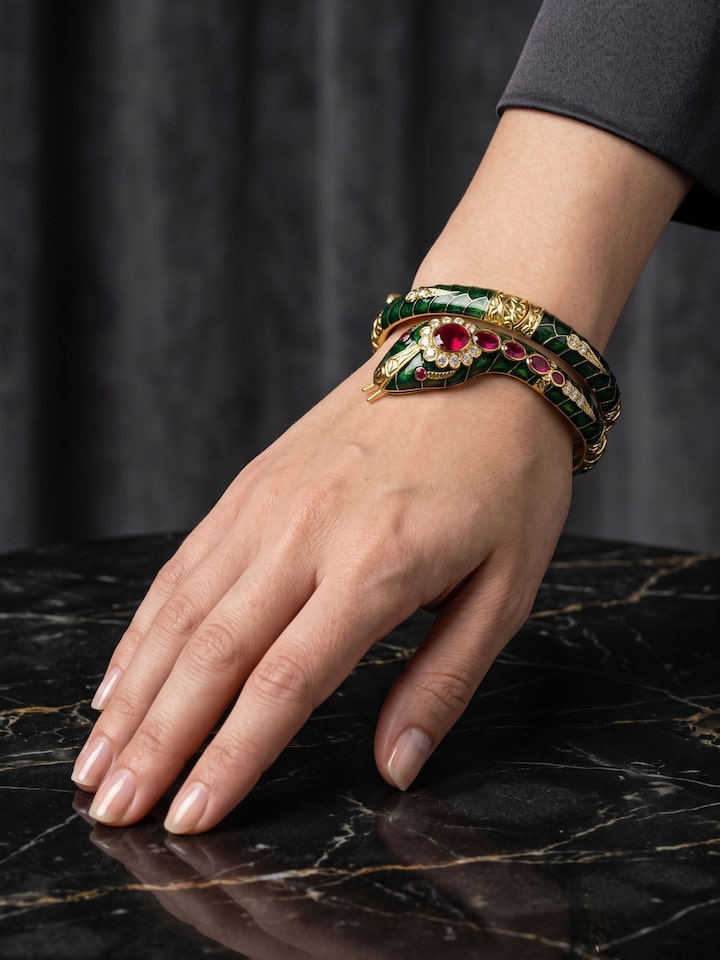 Styled view of Silver Smithing Meenakari Bangle worn on the wrist, showing how it looks styled, from a different angle