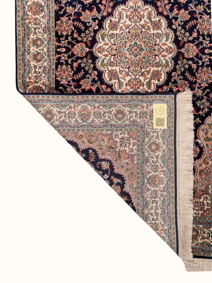 Traditional Persian Navy Blue Kashan Kashmir Silk Hand-Knotted Carpet