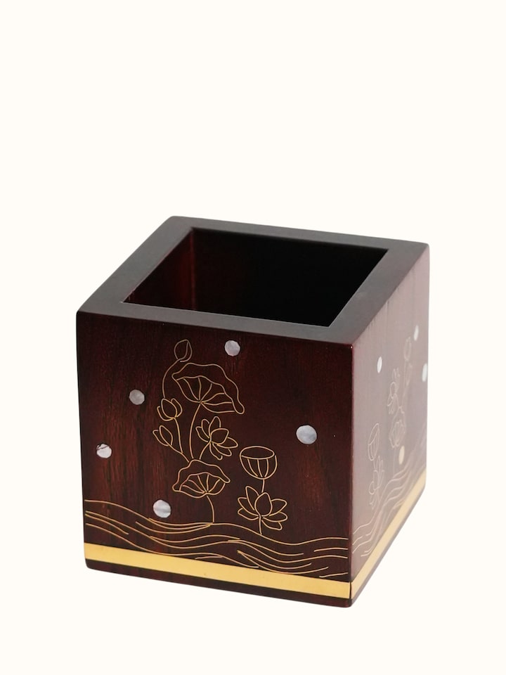 Close-up view of Kamal Tarkashi Teak Wood Cotton Jar highlighting the handcrafted detailing and finish