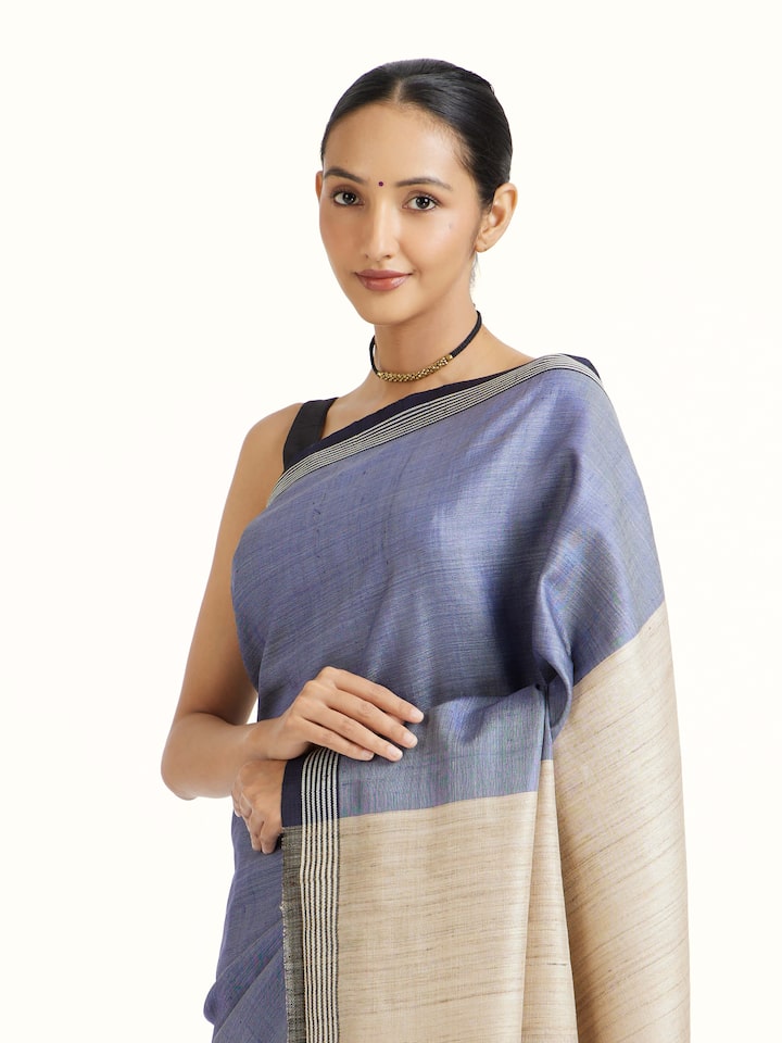 Draped detail view of the Blue Tussar Silk Handloom Saree