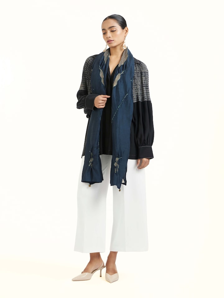 Side view of Whiskey Blue Tie & Dye Shibori Stole highlighting the detailed craftsmanship and elegant silhouette