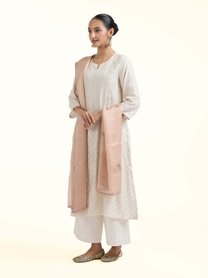 Side view of Beige Zardozi Hand Embroidered Dupatta highlighting the detailed craftsmanship and elegant silhouette