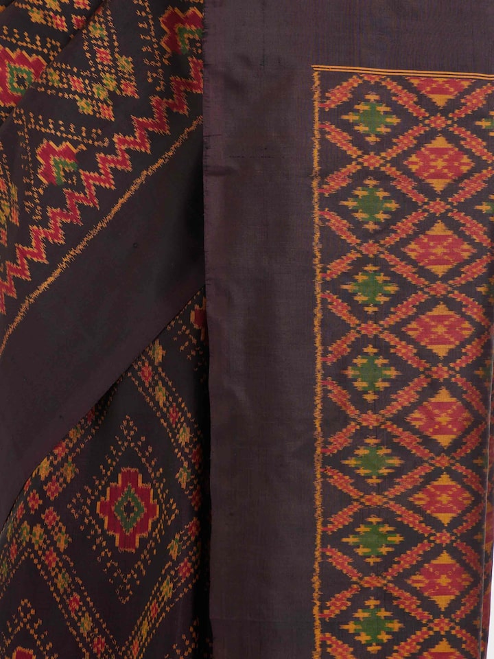 Detailed view of Brown Pochampally Combodia Ikat Silk Saree focusing on the fine craftsmanship and texture