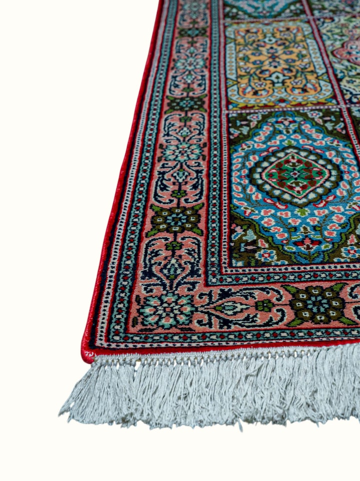 Top view of the Traditional Persian Green Gum Kashmir Silk Hand-Knotted Carpet