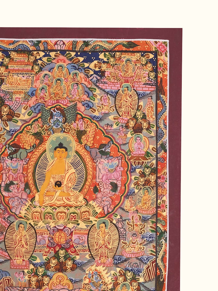 Close-up detail of the Buddha Life Story Thangka Painting