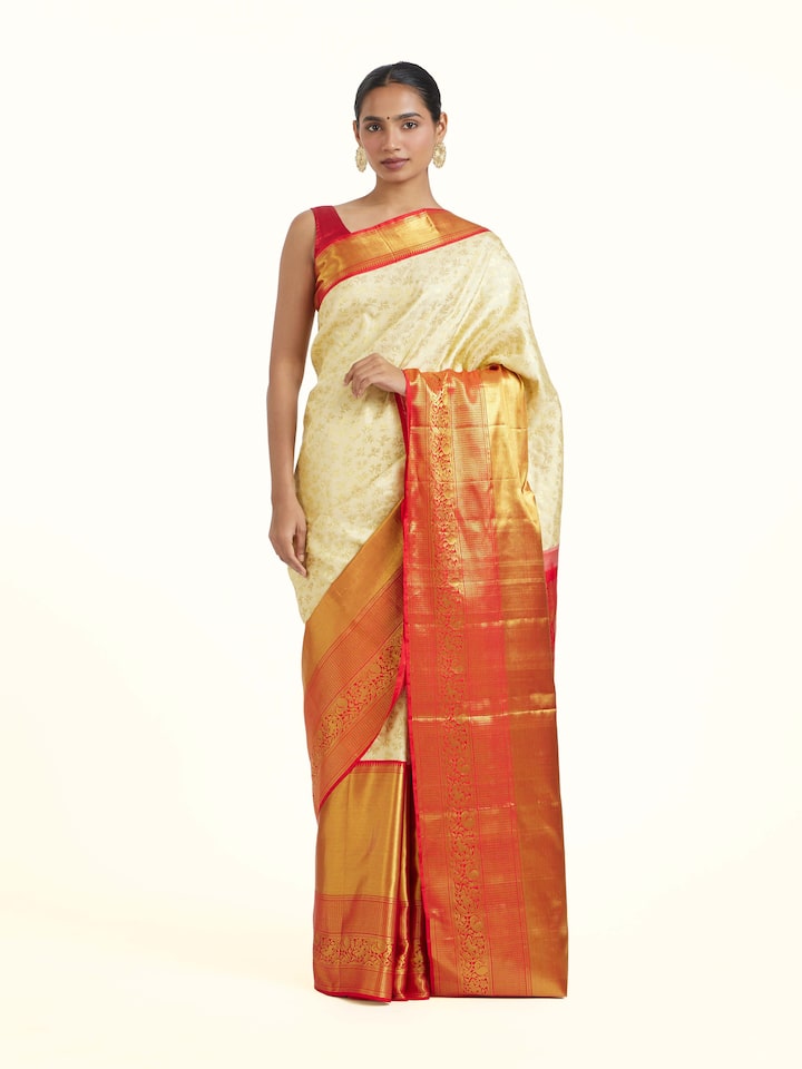 Front view of the Off-white Silk Dharmavaram Saree
