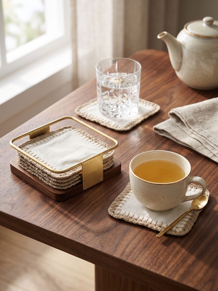 Styled view of Nityam Ivory Cotton Slub Crochet Coasters Set Of 6 styled on a table or bed setting