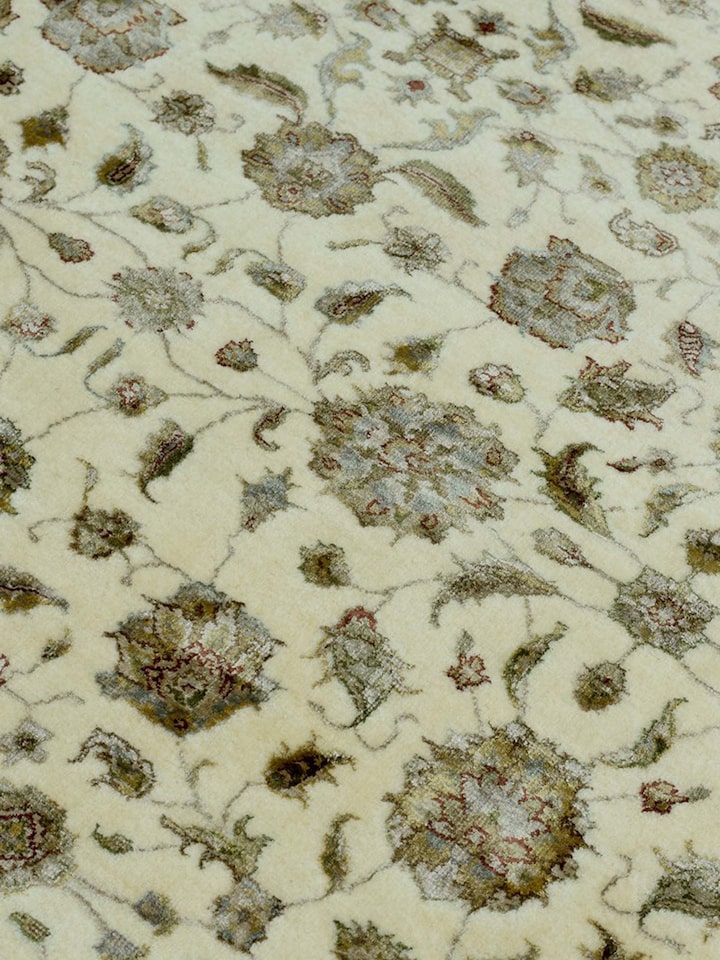 Detail view of Traditional Kashan Ivory Beige Bhadohi Wool-Viscose Hand Knotted Rug highlighting the intricate pattern and pile texture, in an alte...