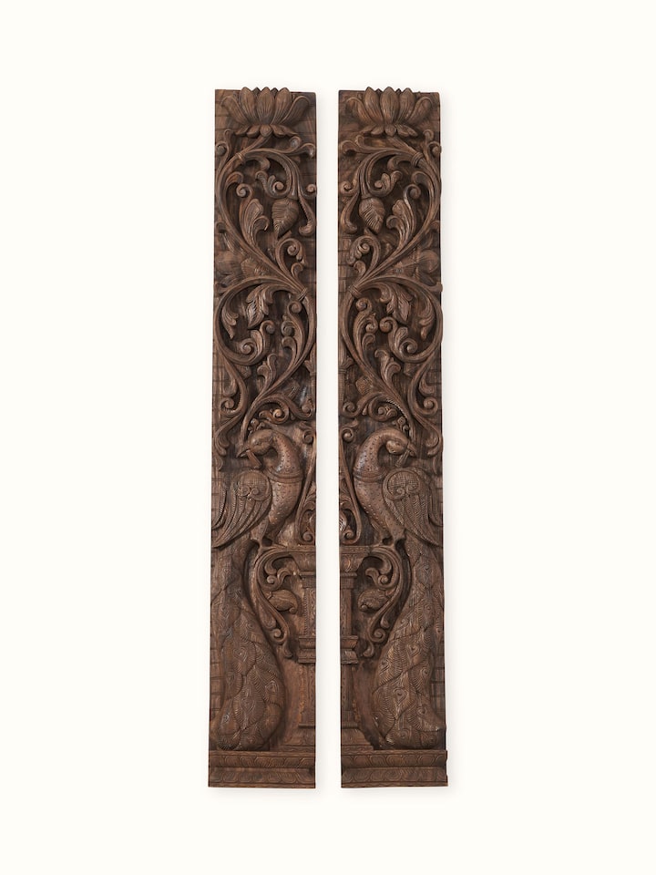 Front view of the Wood Carved Peacock Panel (2 Pieces)
