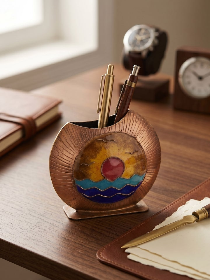 Styled view of Copper Sunset Oval Pen Holder Bronze styled in a home setting