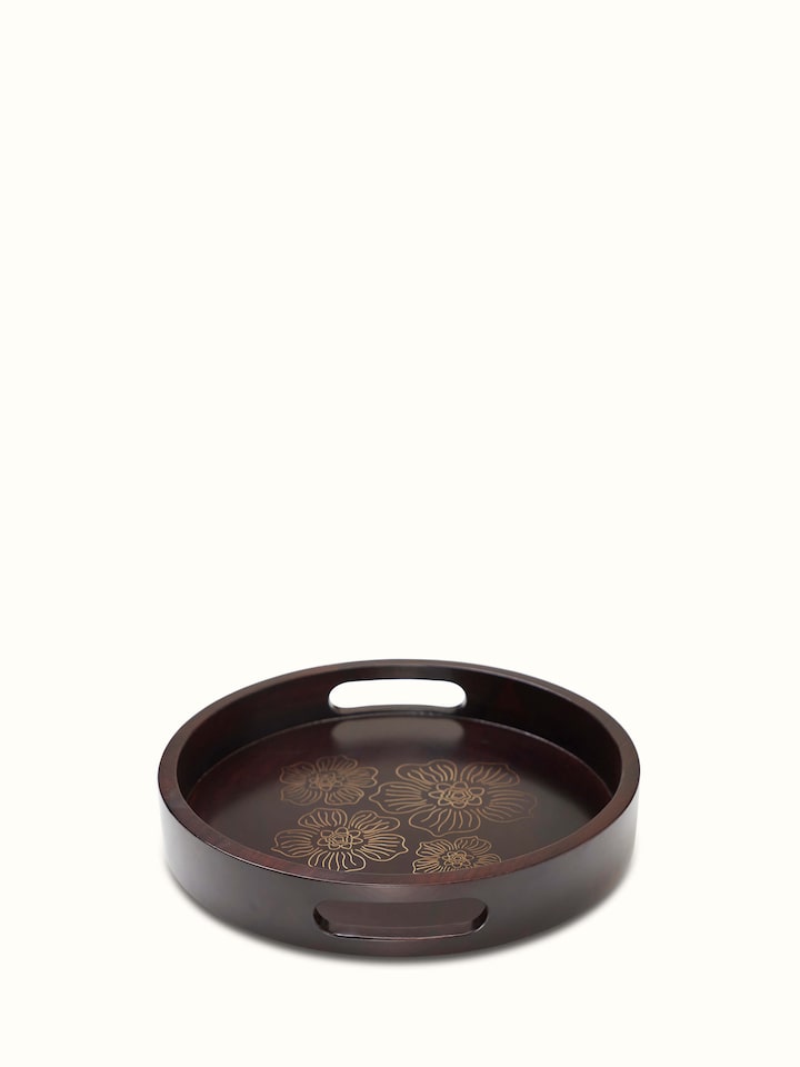 Front view of Tarkashi sheesham wood & brass tray, highlighting the detailed brass inlay and elegant wood grain.