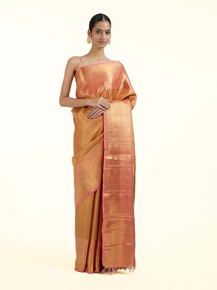 Front view of Yellow Silk Kancheepuram Saree showing the full drape and pallu design