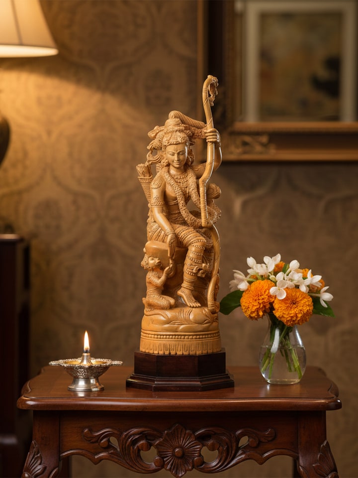 Styled view of Wood Carved Rama Hanuman Idol styled in a home setting