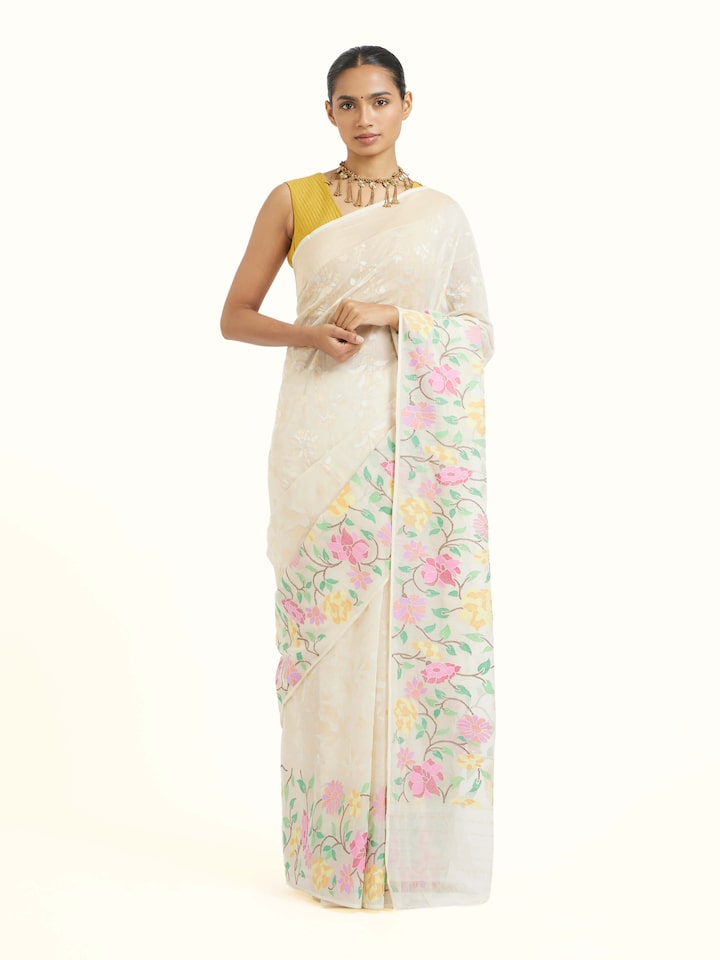 Front view of the Cotton Awadh Jamdani Banarasi Saree