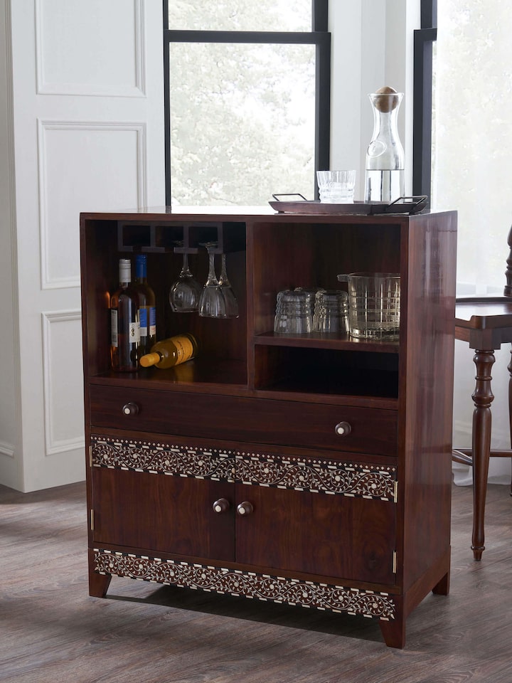 Front view of Sheesham Wood & Bone Inlay Bar Cabinet showcasing exquisite bone inlay designs and rich sheesham wood texture.